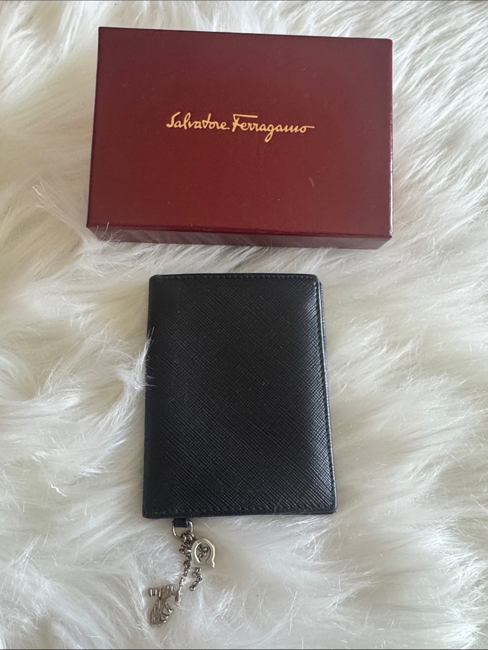 Salvatore Ferragamo Black Leather Card & Key Holder with Silver Charm